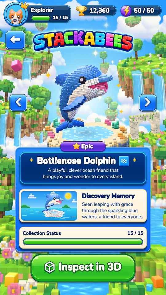 The Bottlenose Dolphin collectible on its island, with its Discovery Memory and an Inspect in 3D button.