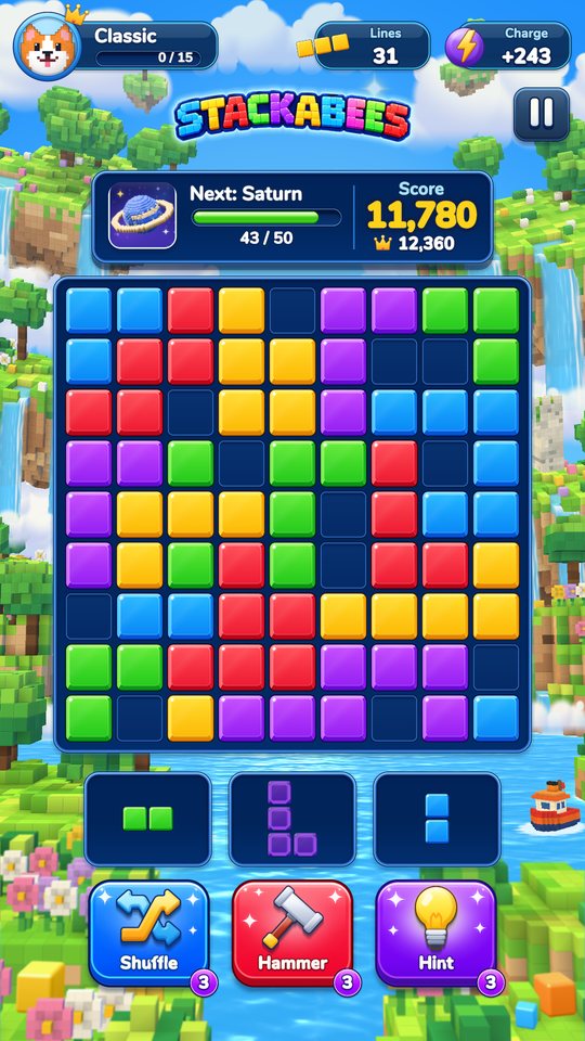 A game in progress: colourful blocks on the 9 by 9 board, three pieces in the tray and the Shuffle, Hammer and Hint boosters below.